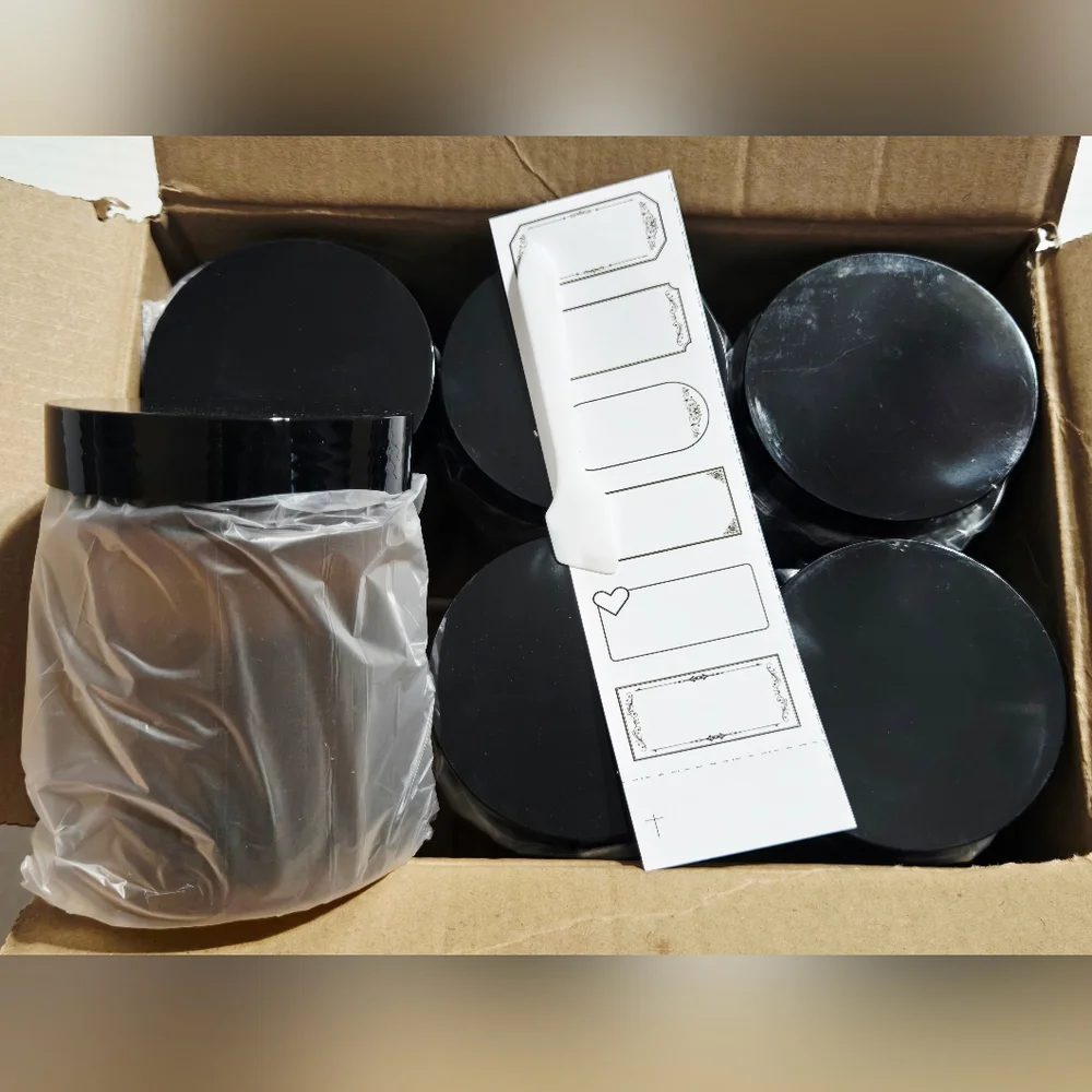 Set of 6 Amber 8oz Storage Jars with Black Lids + Labels & Scoop
